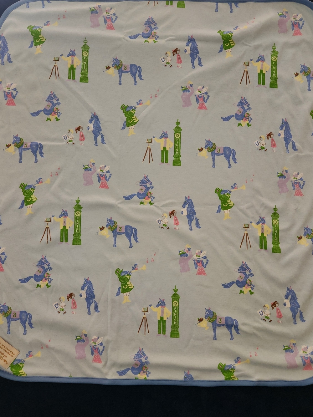 The Beaufort Bonnet Company Baby Buggy Blanket Keeneland Blue Horse Print Nwt